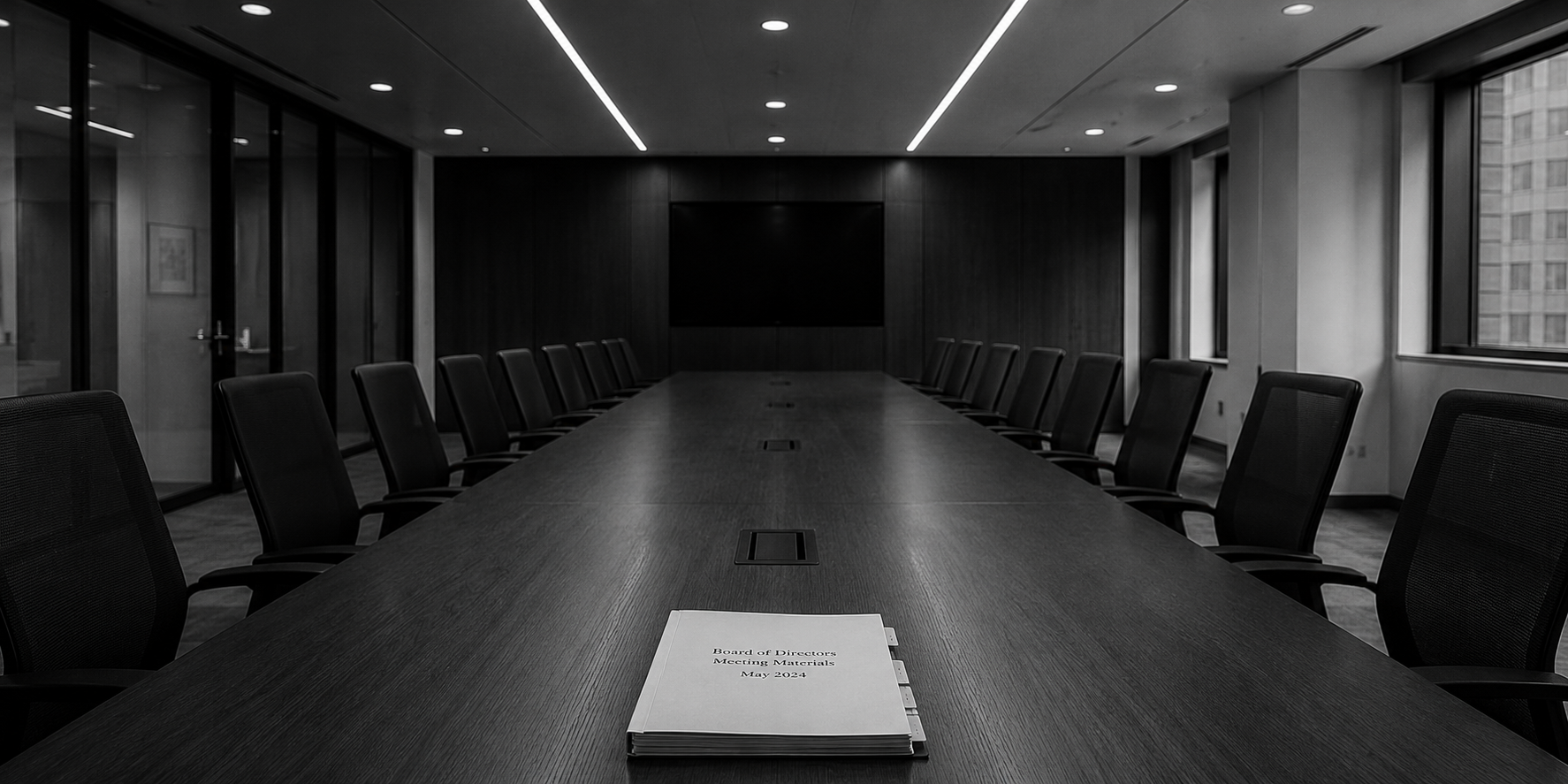 B&W · empty boardroom from behind, single deck on the table